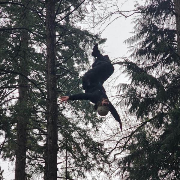 CYC student hanging by their feet in a tree canopy.